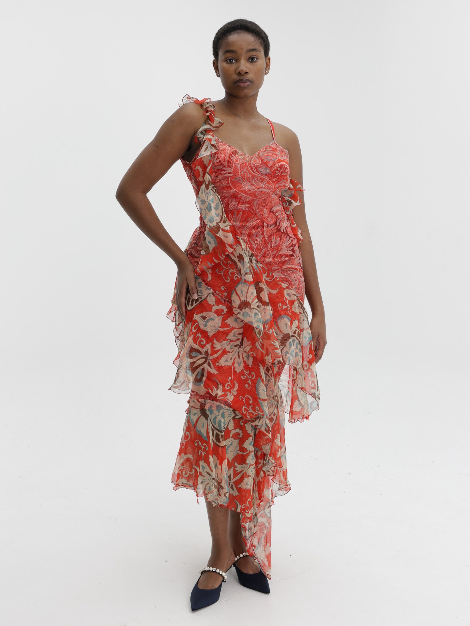Etro Dress Long With V-Neck And Ruffles Red
