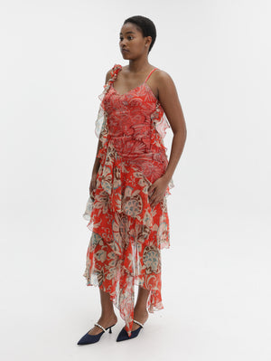 Etro Dress Long With V-Neck And Ruffles Red