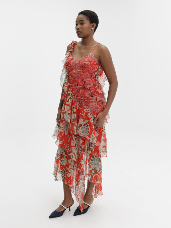 Etro Dress Long With V-Neck And Ruffles Red