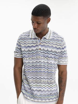 Missoni Cotton Knit Polo With Chevron Pattern Light Blue
