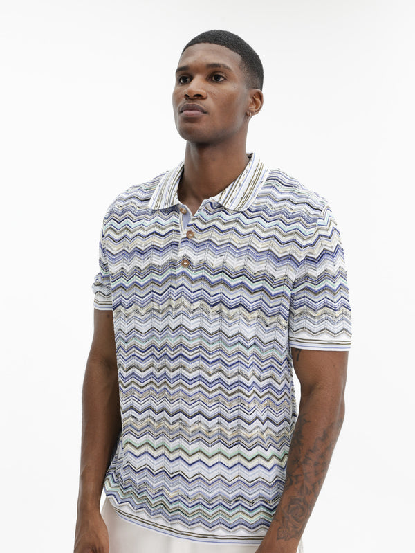 Missoni Cotton Knit Polo With Chevron Pattern Light Blue
