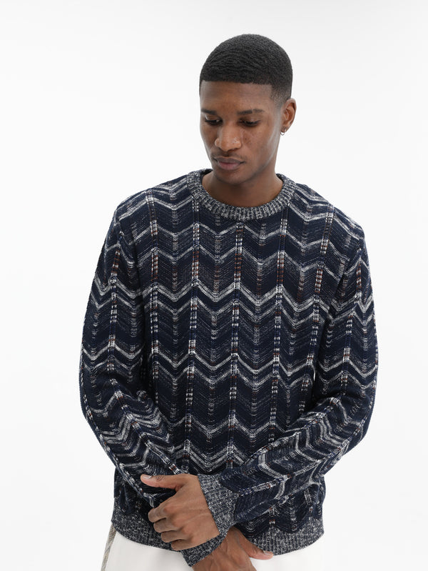 Missoni Crew-Neck Chevron Sweater Ribbed Trims Blue