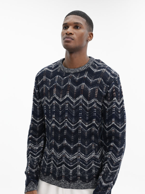 Missoni Crew-Neck Chevron Sweater Ribbed Trims Blue