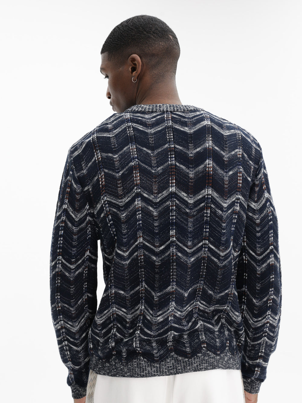 Missoni Crew-Neck Chevron Sweater Ribbed Trims Blue