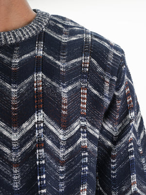 Missoni Crew-Neck Chevron Sweater Ribbed Trims Blue