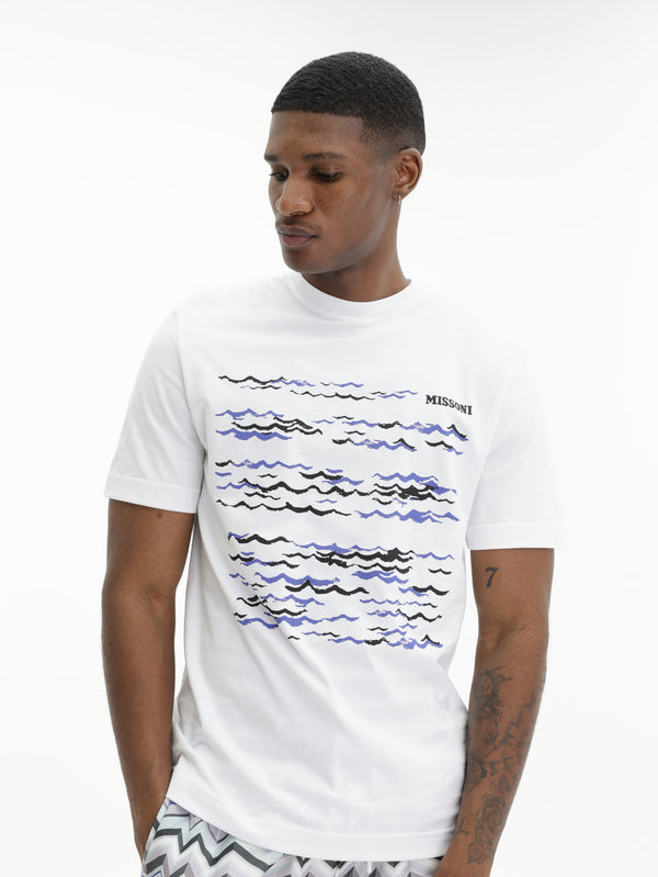 Missoni Crew-Neck T-Shirt With Wave Print And Logo White/Blue