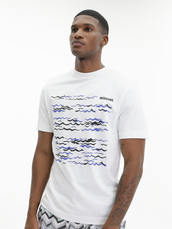 Missoni Crew-Neck T-Shirt With Wave Print And Logo White/Blue
