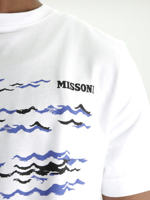 Missoni Crew-Neck T-Shirt With Wave Print And Logo White/Blue