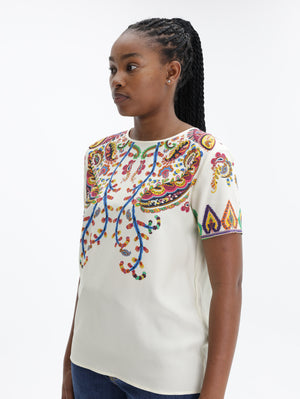 Etro T-Shirt Printed Silk Top White-Multi
