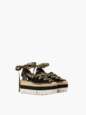 Stella Mccartney Platfrom Espadrilles Gaia Organic Canvas W/ Logo Ribbon Deep Black