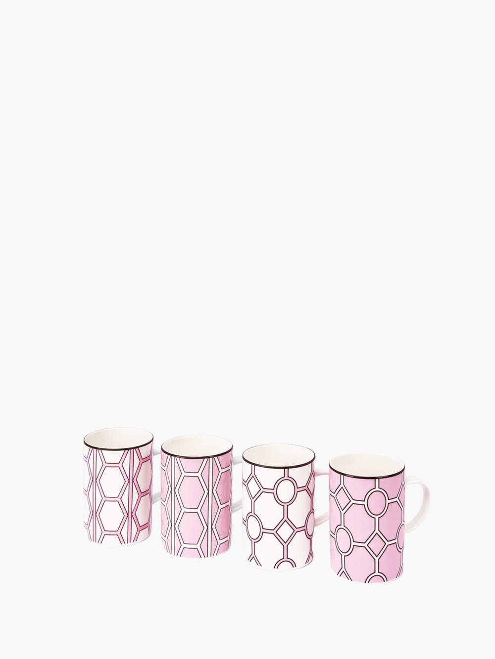 O.W.London Set Of 4 Mugs Boxed Hex/Hoop Pink/White Design