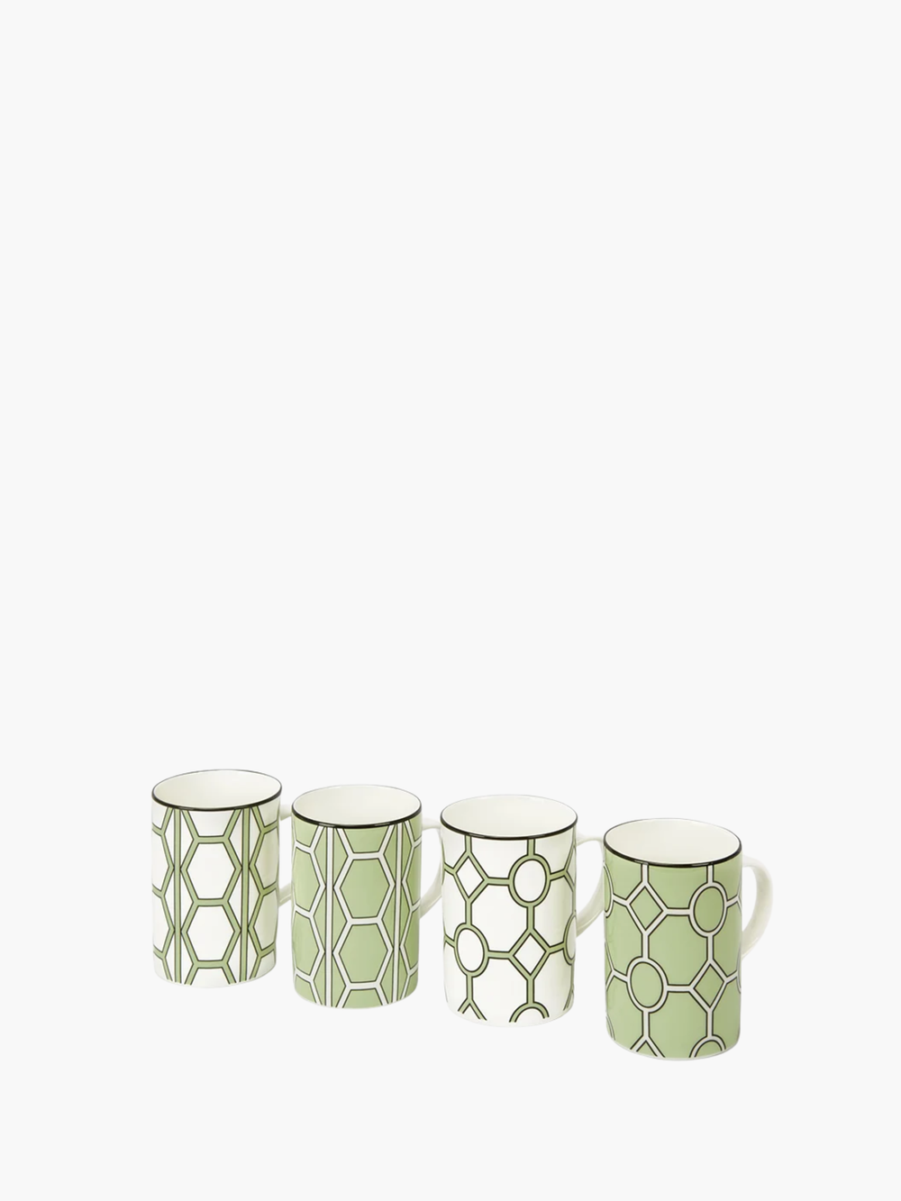 O.W.London Set Of 4 Mugs Boxed Hex/Hoop Apple Green/White Design