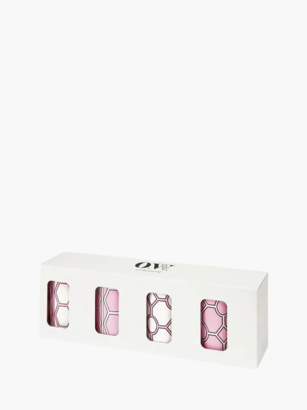 O.W.London Set Of 4 Mugs Boxed Hex/Hoop Pink/White Design