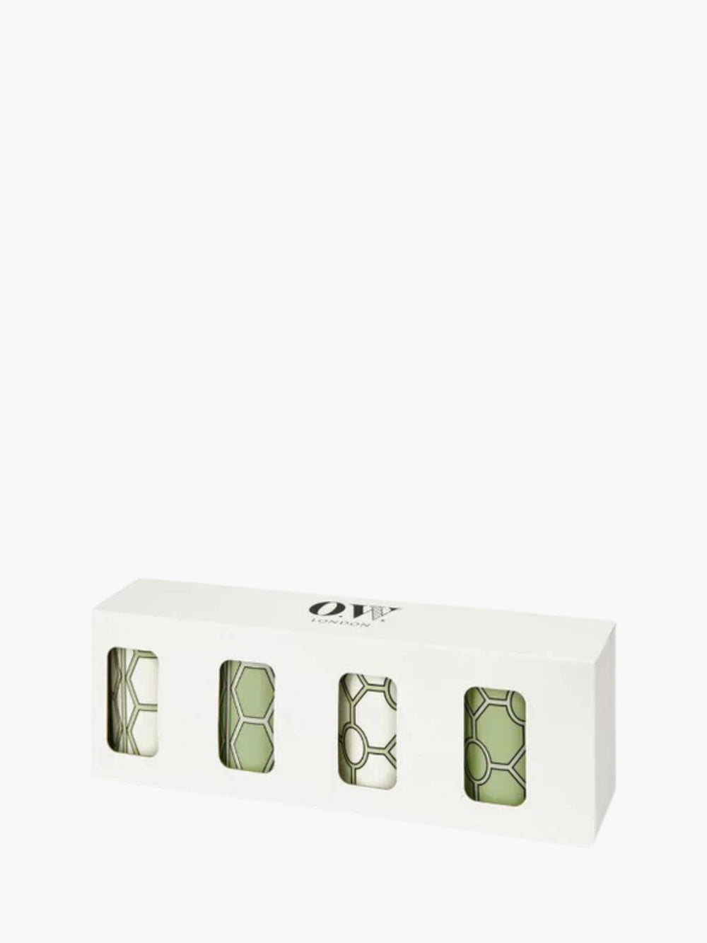 O.W.London Set Of 4 Mugs Boxed Hex/Hoop Apple Green/White Design
